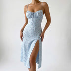 Women's Floral Midi Slip Dress with Ruched Bust Lace-Up V-Neck Spaghetti Strap Side Slit-Midi Dresses-Blue-S-