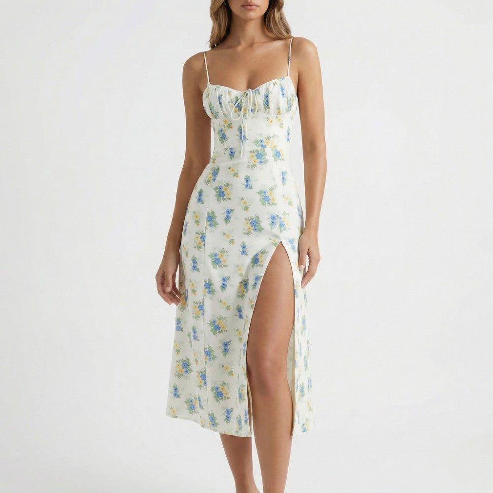 Women's Floral Midi Slip Dress with Ruched Bust Lace-Up V-Neck Spaghetti Strap Side Slit-Midi Dresses-White-S-