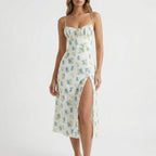 Women's Floral Midi Slip Dress with Ruched Bust Lace-Up V-Neck Spaghetti Strap Side Slit-Midi Dresses-White-S-