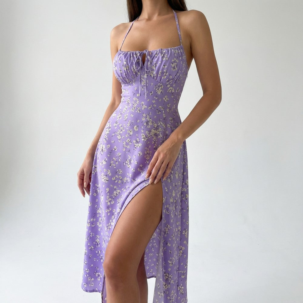 Women's Floral Midi Slip Dress with Ruched Bust Lace-Up V-Neck Spaghetti Strap Side Slit-Midi Dresses-Purple-S-