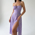Women's Floral Midi Slip Dress with Ruched Bust Lace-Up V-Neck Spaghetti Strap Side Slit-Midi Dresses-Purple-S-
