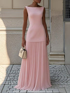Women's Sleeveless Pleated Maxi Dress with Sleek Bodice Flowy Skirt Elegant Evening Dress-Evening Dress-Pink-S-