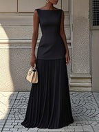 Women's Sleeveless Pleated Maxi Dress with Sleek Bodice Flowy Skirt Elegant Evening Dress-Evening Dress-Black-S-