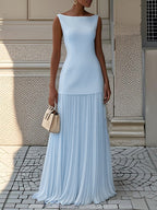 Women's Sleeveless Pleated Maxi Dress with Sleek Bodice Flowy Skirt Elegant Evening Dress-Evening Dress-Blue-S-