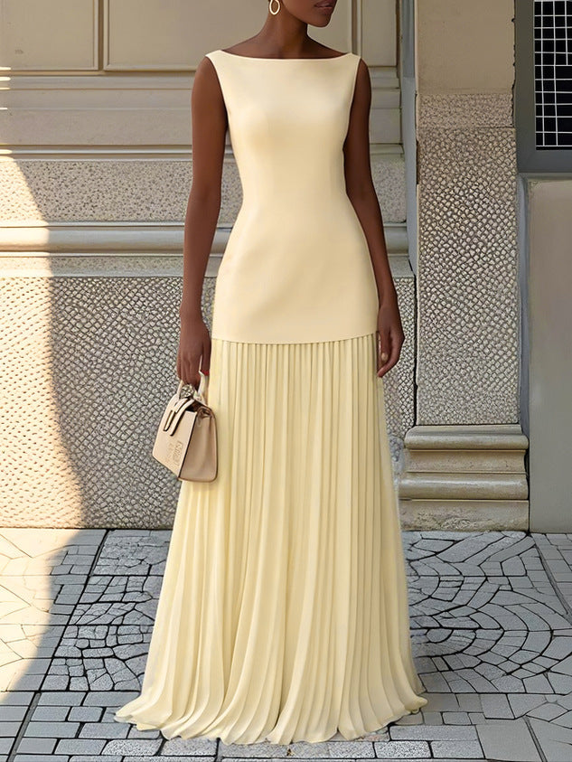 Women's Sleeveless Pleated Maxi Dress with Sleek Bodice Flowy Skirt Elegant Evening Dress-Evening Dress-Yellow-S-