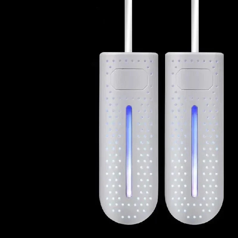 Portable shoe dryer with UV light, white pair with blue glow tubes and vertical cords