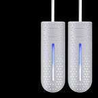 Portable shoe dryer with UV light, white pair with blue glow tubes and vertical cords