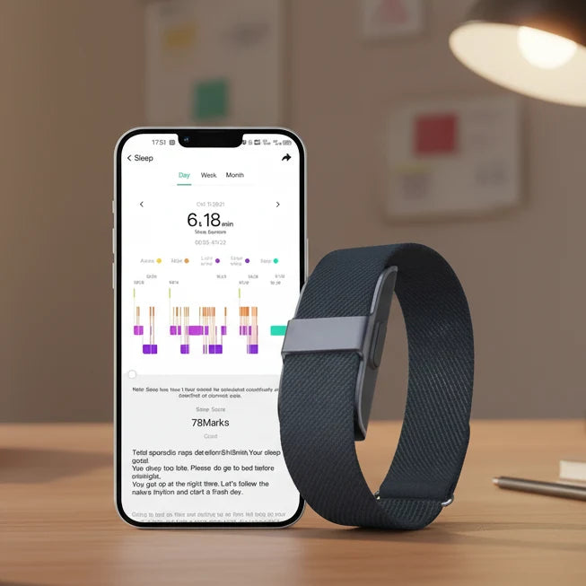 Smart fitness tracker watch with dark fabric strap, glowing sensor and side button