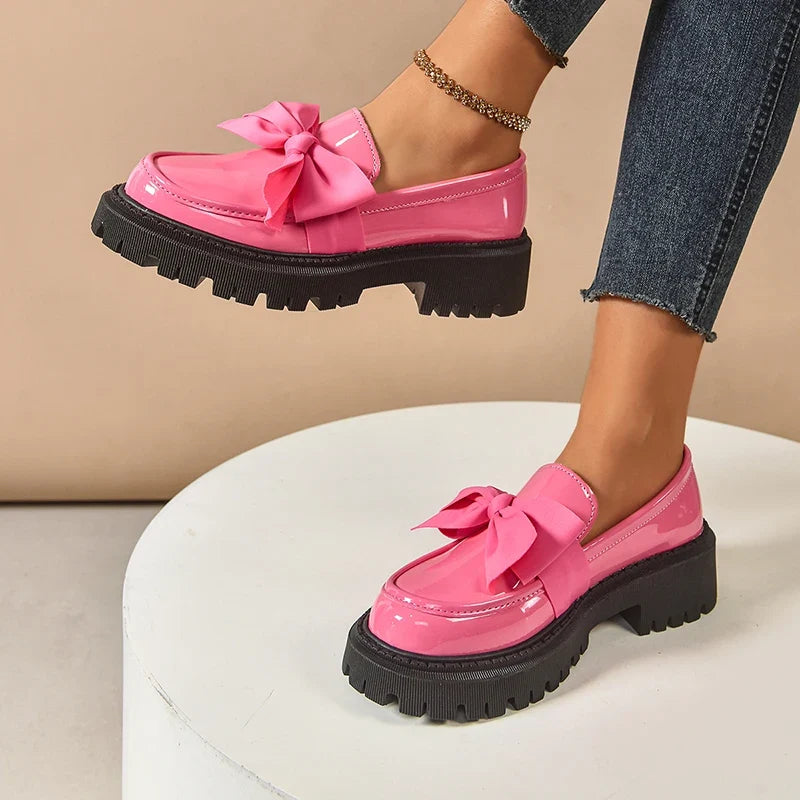 Novara | Chunky Platform Shoes for Women - Butterfly Bow High-Gloss Leather Trendy Fit-Women's Flats-Pink-4-Camoufit