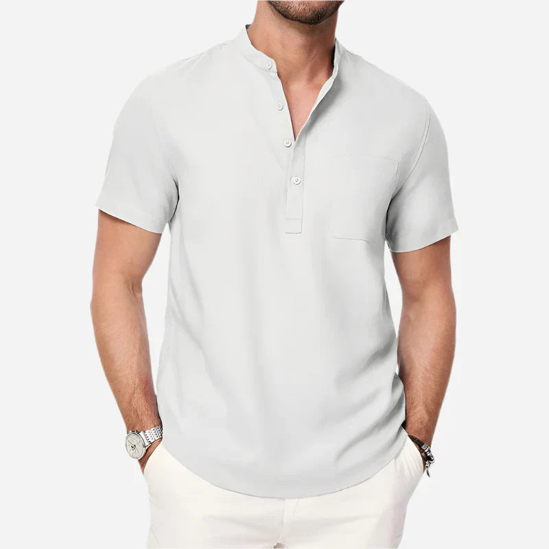Cazaro | Henley Shirt for Men - Short Sleeve Grandad Collar Chest Pocket Regular Summer Fit-Men's Henley Shirt-White-S-Camoufit