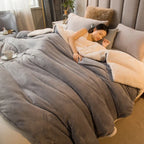 Double-sided flannel and fleece throw blanket, medium gray with beige sherpa reverse