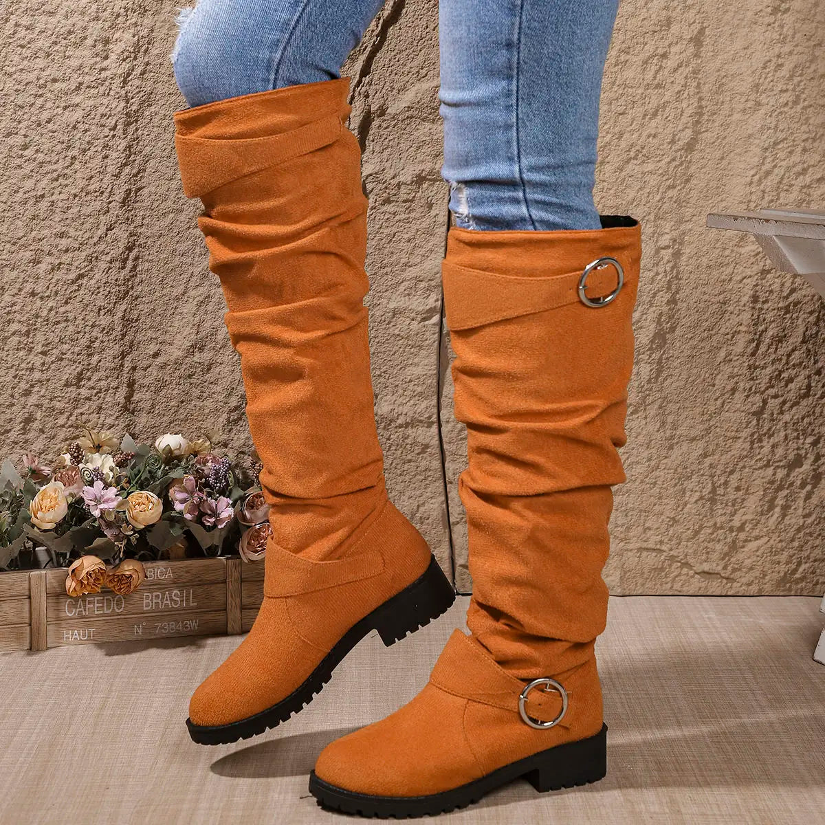 Dôre | Women's Knee High Boots - Low Block Heel Tall Boots with Ring Accent