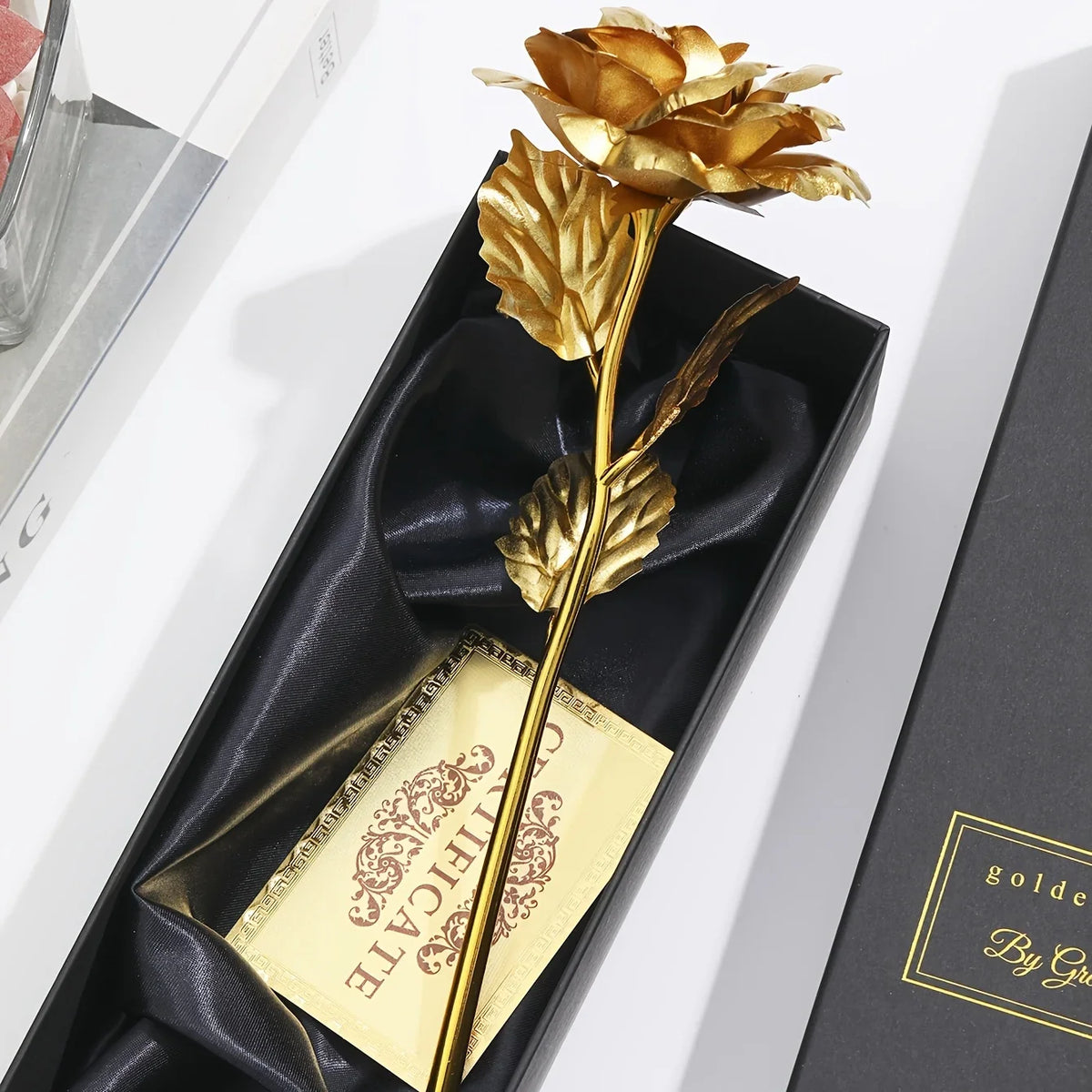 Gold Foil Eternal Rose Flower with Gift Box & Greeting Card - Artificial Forever Rose Decor Gifts for Valentine's Day, Mother's Day & Anniversaries