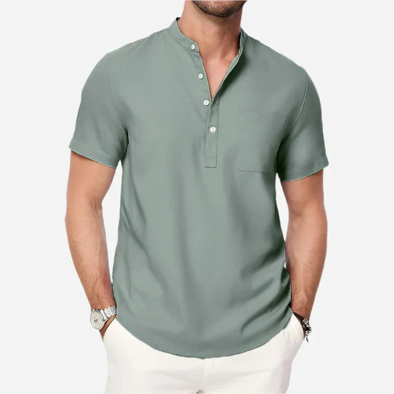 Cazaro | Henley Shirt for Men - Short Sleeve Grandad Collar Chest Pocket Regular Summer Fit-Men's Henley Shirt-Sage Green-S-Camoufit