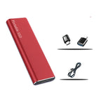 Red portable external SSD with USB-C adapter and cable, slim aluminum body.