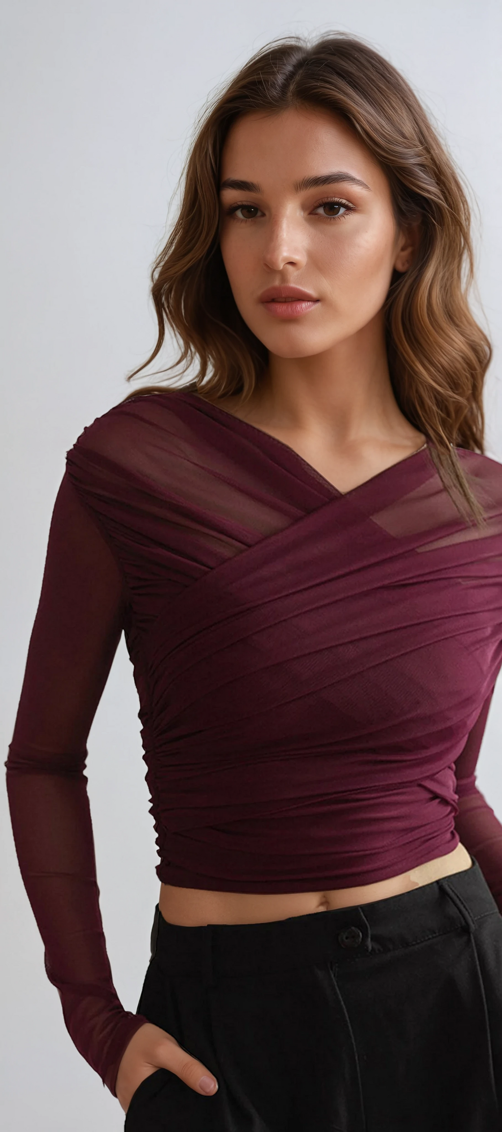 Solenne | Women's Sheer Mesh Top with Long Sleeves Ruched Detail Fitted Romantic Going Out Top-Women's Long Sleeve Tops-Wine Red-S-