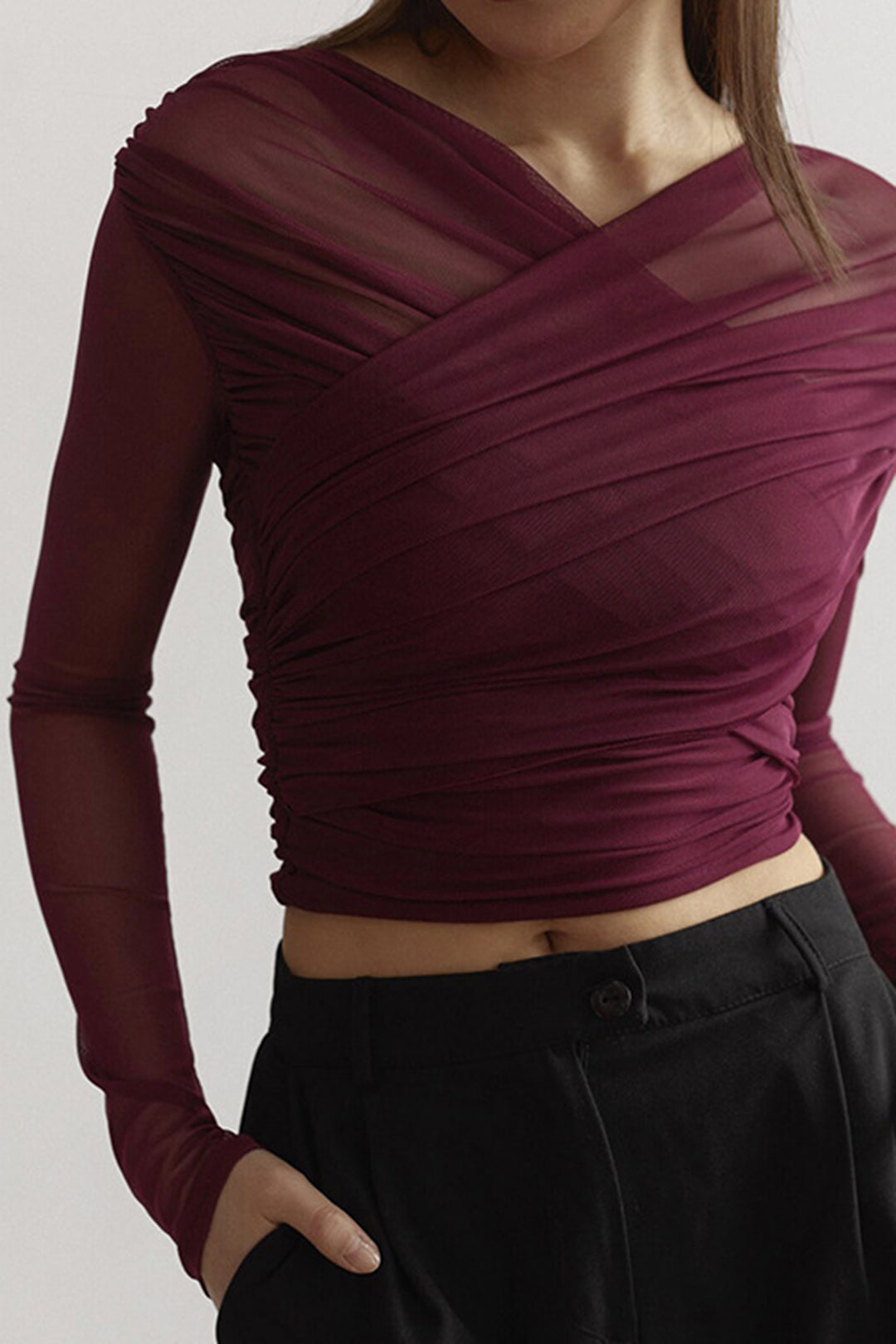 Solenne | Women's Sheer Mesh Top with Long Sleeves Ruched Detail Fitted Romantic Going Out Top-Women's Long Sleeve Tops-Wine Red-S-