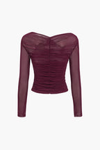 Solenne | Women's Sheer Mesh Top with Long Sleeves Ruched Detail Fitted Romantic Going Out Top-Women's Long Sleeve Tops-Wine Red-S-
