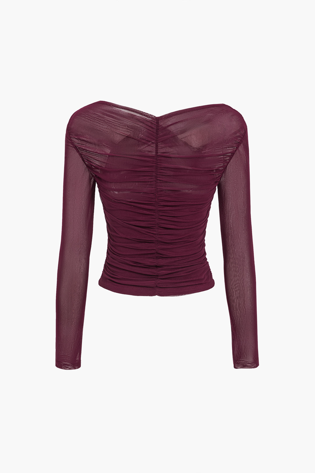 Solenne | Women's Sheer Mesh Top with Long Sleeves Ruched Detail Fitted Romantic Going Out Top-Women's Long Sleeve Tops-Wine Red-S-