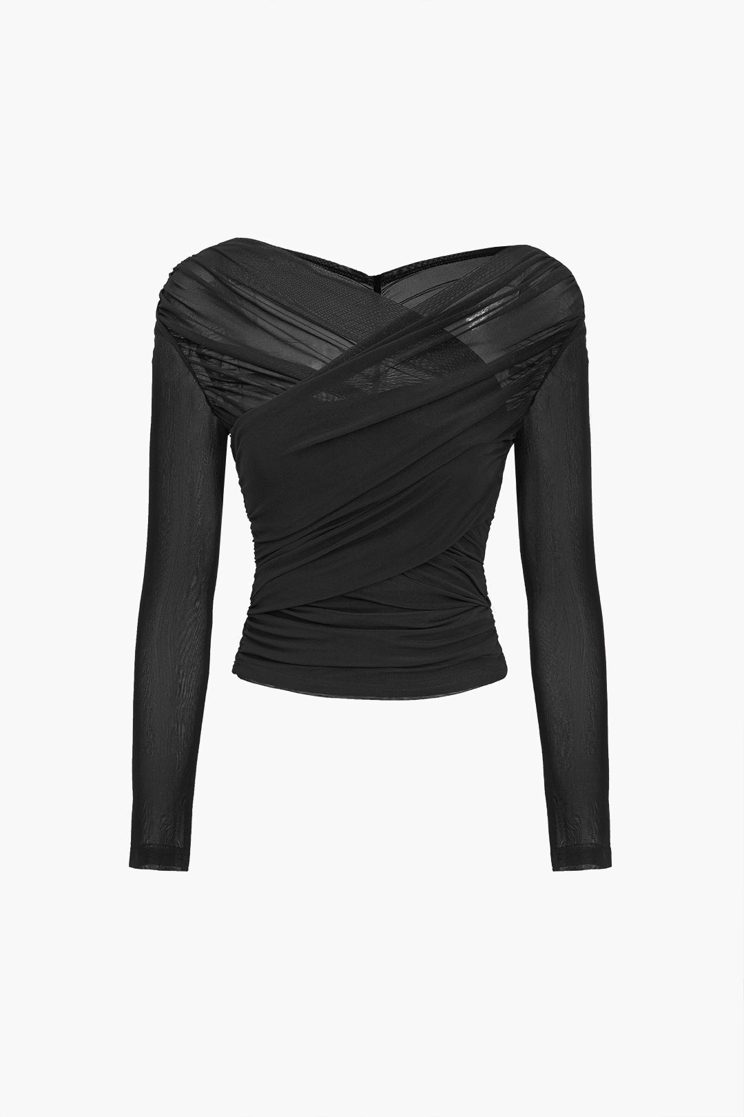 Solenne | Women's Sheer Mesh Top with Long Sleeves Ruched Detail Fitted Romantic Going Out Top-Women's Long Sleeve Tops-Black-S-