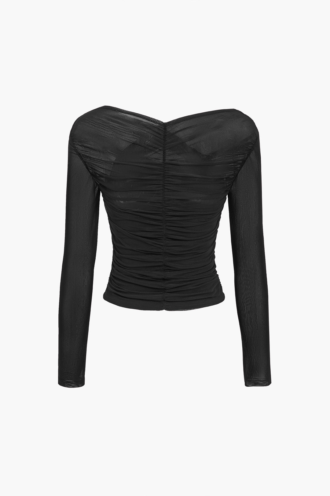 Solenne | Women's Sheer Mesh Top with Long Sleeves Ruched Detail Fitted Romantic Going Out Top-Women's Long Sleeve Tops-Wine Red-S-