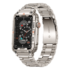 Silver-tone smartwatch with rectangular screen and metal link band