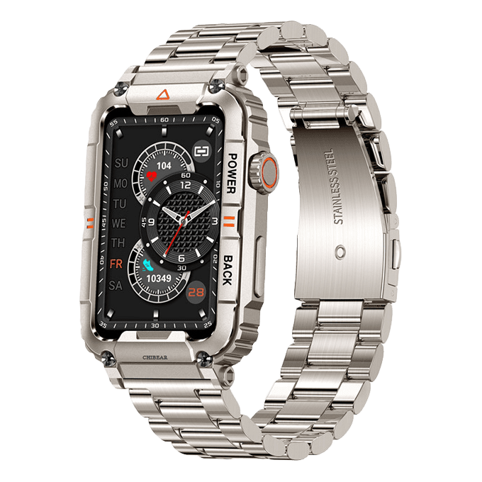 Silver-tone smartwatch with rectangular screen and metal link band