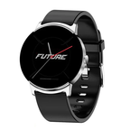 Black and silver fitness smartwatch with FUTURE logo on round display, silicone strap