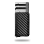 Black textured carbon-fiber slim card wallet with stacked card holder front