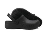 Black non-slip chef clogs with heel strap and textured outsole