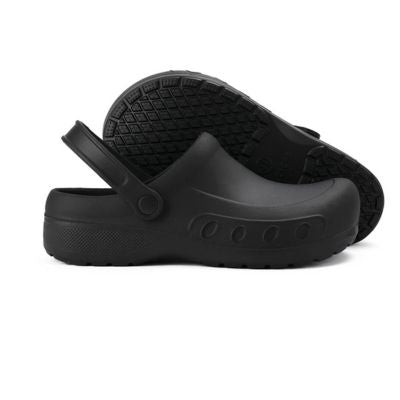 Black non-slip chef clogs with heel strap and textured outsole