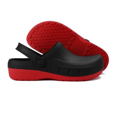 Red and black non-slip chef clogs with heel strap and treaded bottom