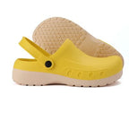 Yellow and beige non-slip chef clogs with heel strap and textured sole
