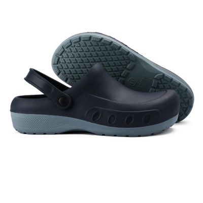 Dark blue non-slip chef clogs with heel strap and textured outsole