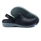 Dark blue non-slip chef clogs with heel strap and textured outsole