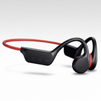 Black and red open-ear bone conduction headphones with inline control module
