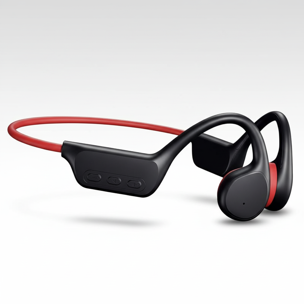 Black and red open-ear bone conduction headphones with inline control module