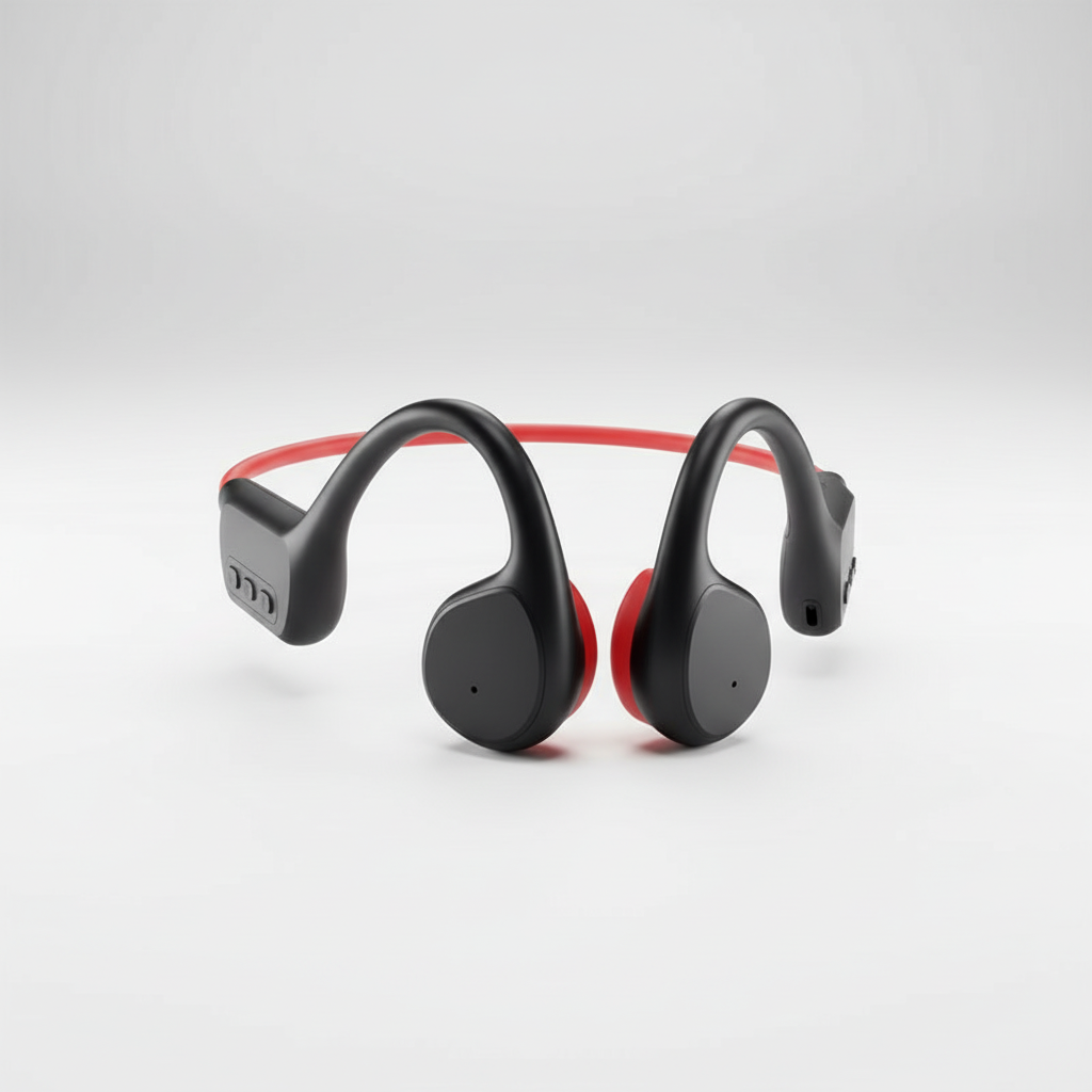 Black and red open-ear bone conduction headphones with dual ear clips