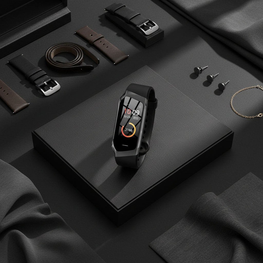 Black activity tracker smartwatch with colored display, centered on a dark tray