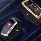 Black fitness tracker smartwatch with gold bezel and heart-rate style screen