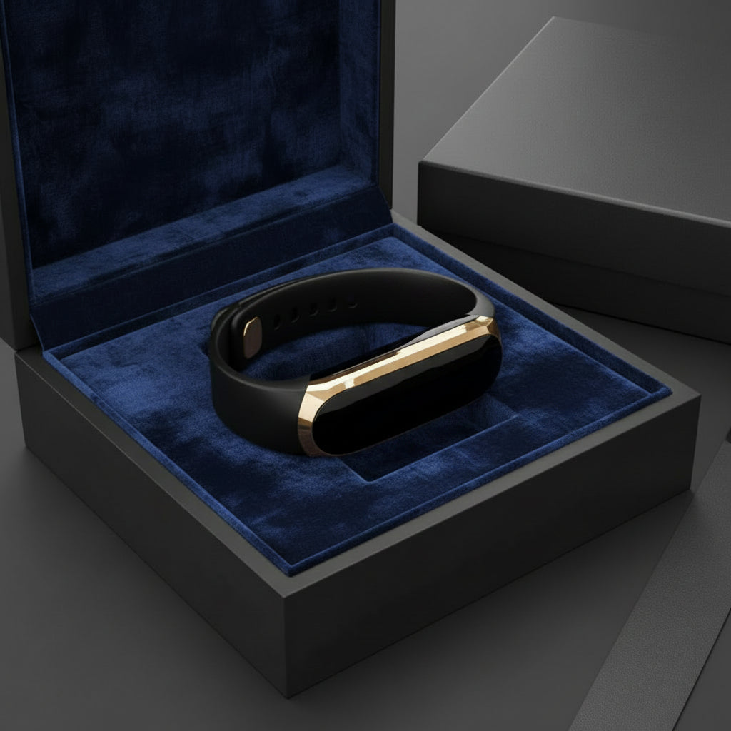 Black activity tracker smartwatch with gold metal frame, shown in a gift box