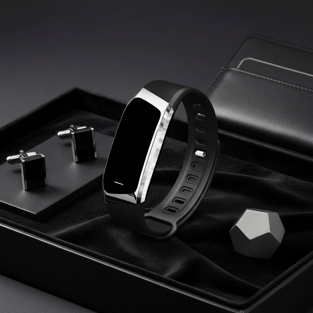 Black fitness tracker with silver side frame and band, shown on a matte tray