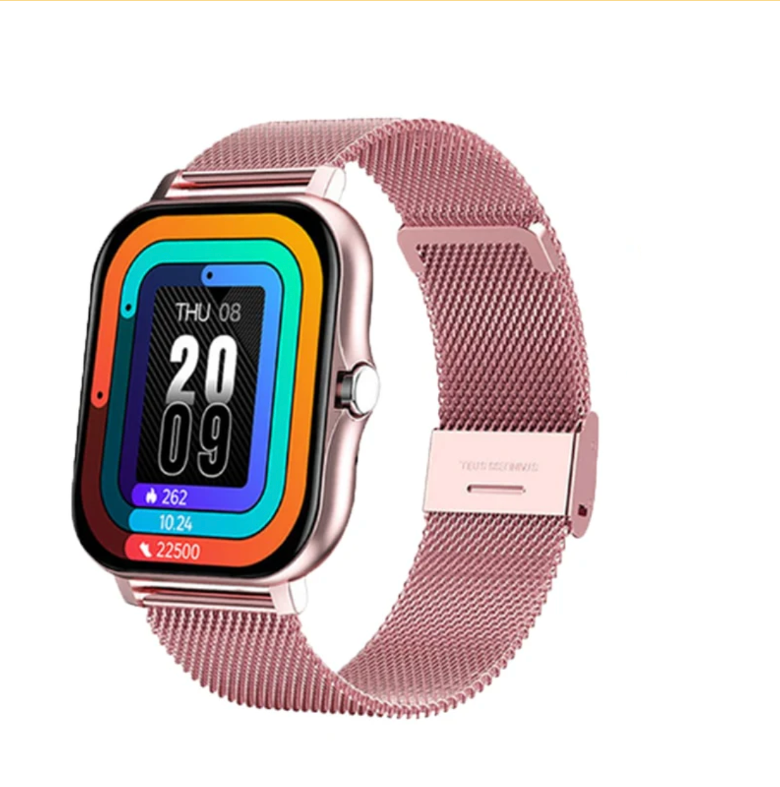 Smartwatch with touch screen and pink mesh metal strap, rectangular watch face