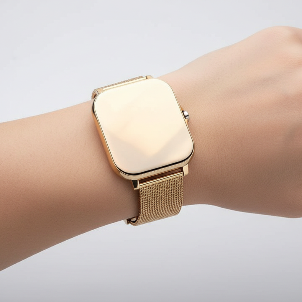 Smartwatch with gold case and beige mesh metal strap, square touch screen