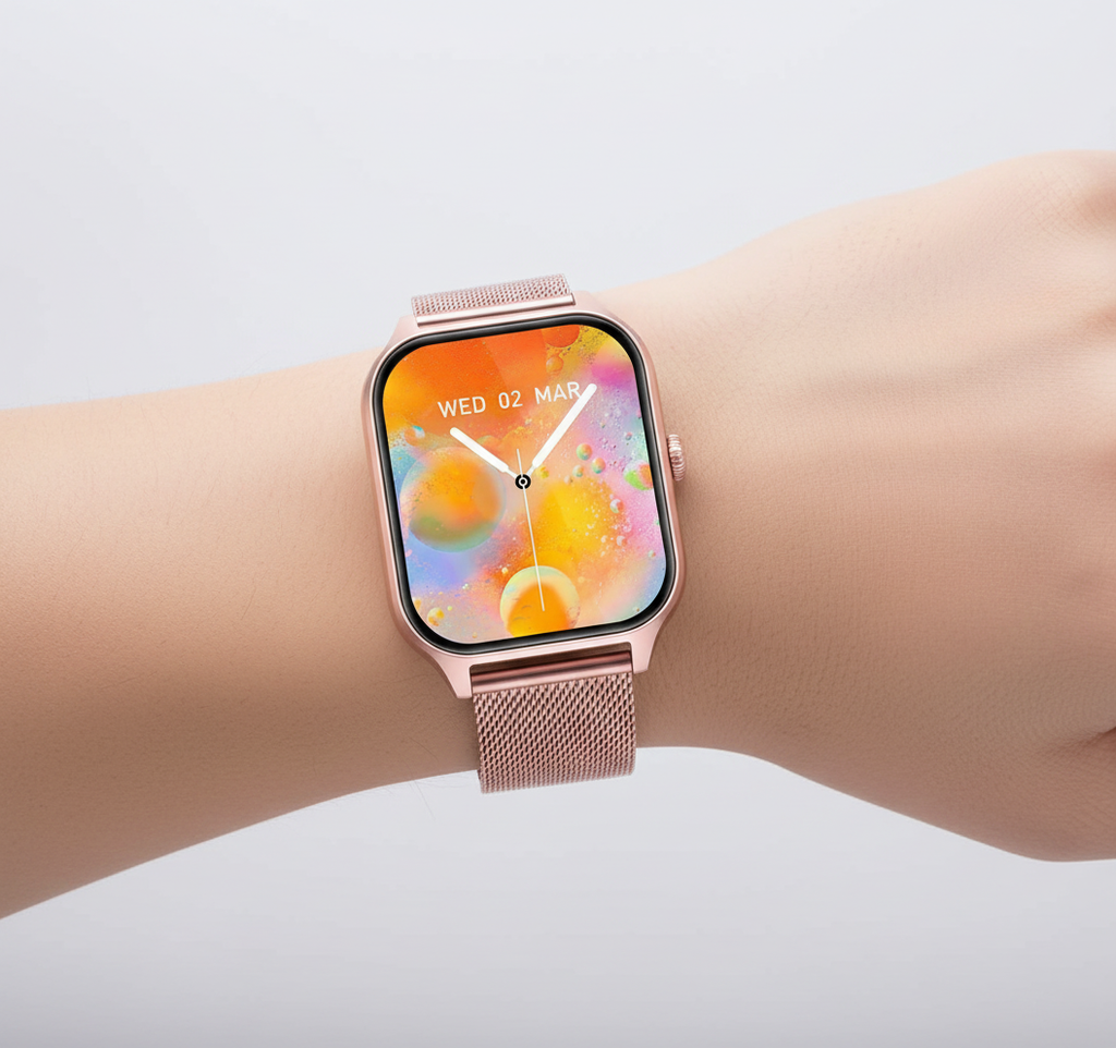 Rose gold smartwatch with mesh band and touch screen display, call notification style