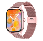 Rose gold square smartwatch with pink metal mesh strap and side crown button