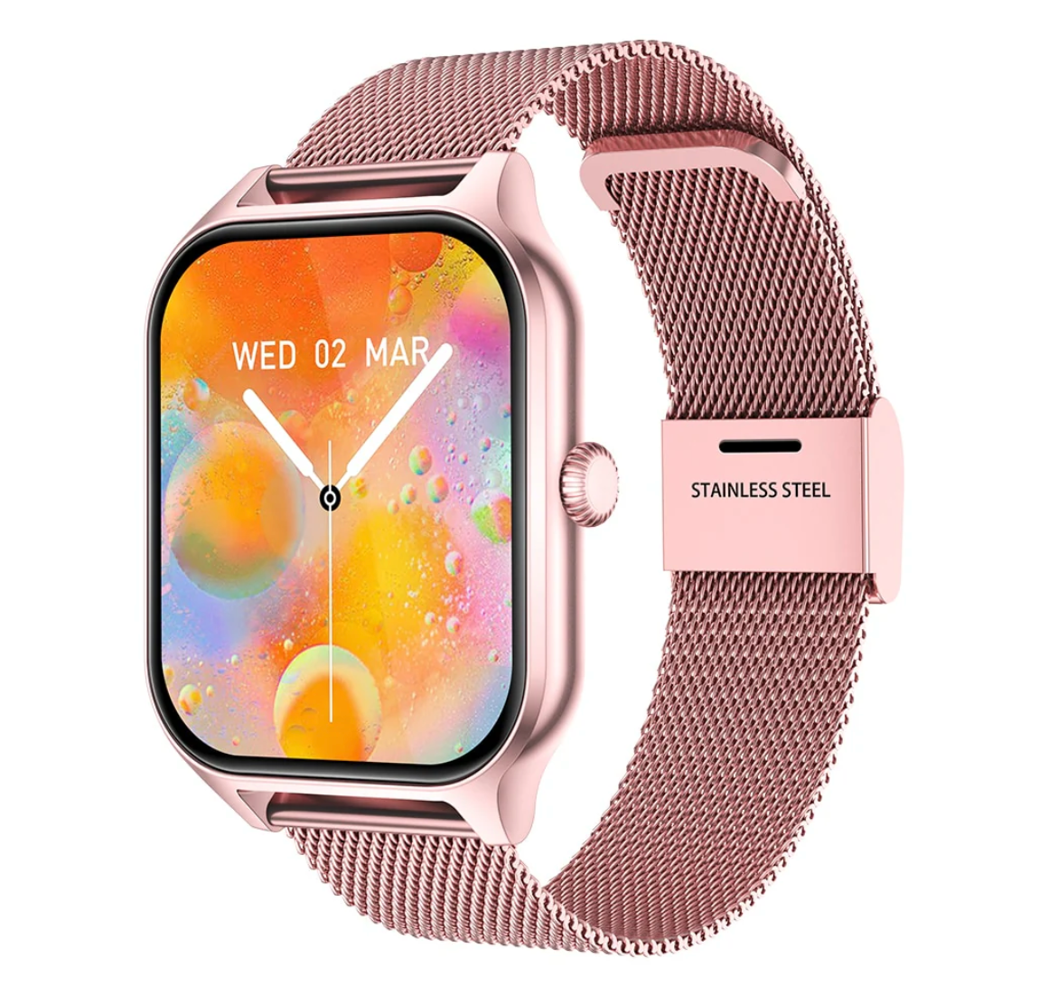 Rose gold square smartwatch with pink metal mesh strap and side crown button