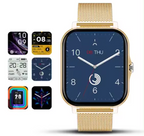 Gold smartwatch with square touch screen and gold mesh band, blue watch face