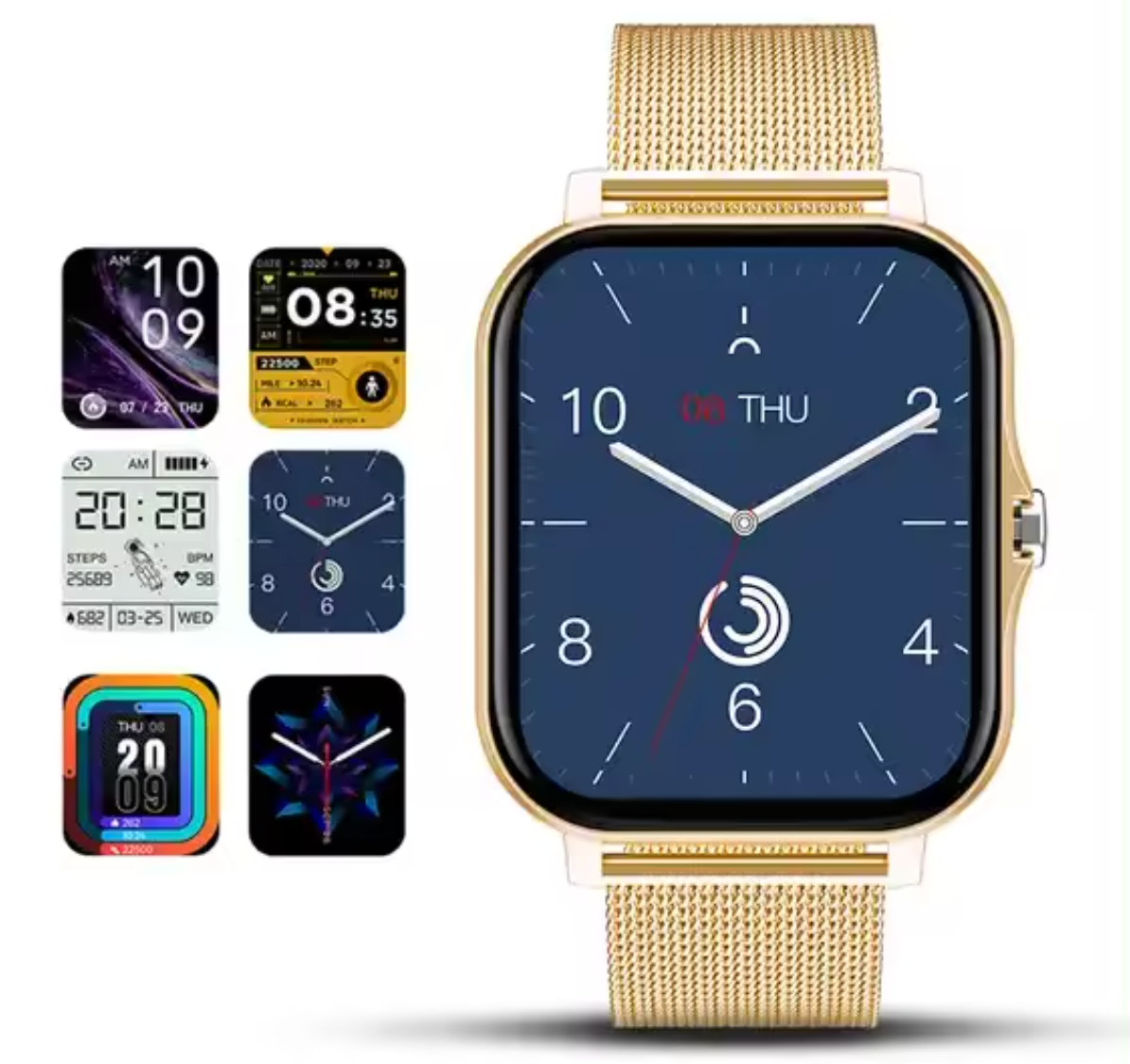 Gold smartwatch with square touch screen and gold mesh band, blue watch face