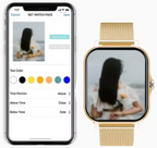 Gold smartwatch with mesh band and touch screen showing watch settings layout